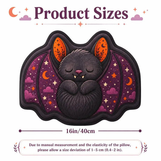 Size guide for sleeping bat plush pillow, showing 16 inches / 40 cm