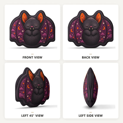 Front, back and side views: sleeping bat plush pillow with sleeping bat artwork