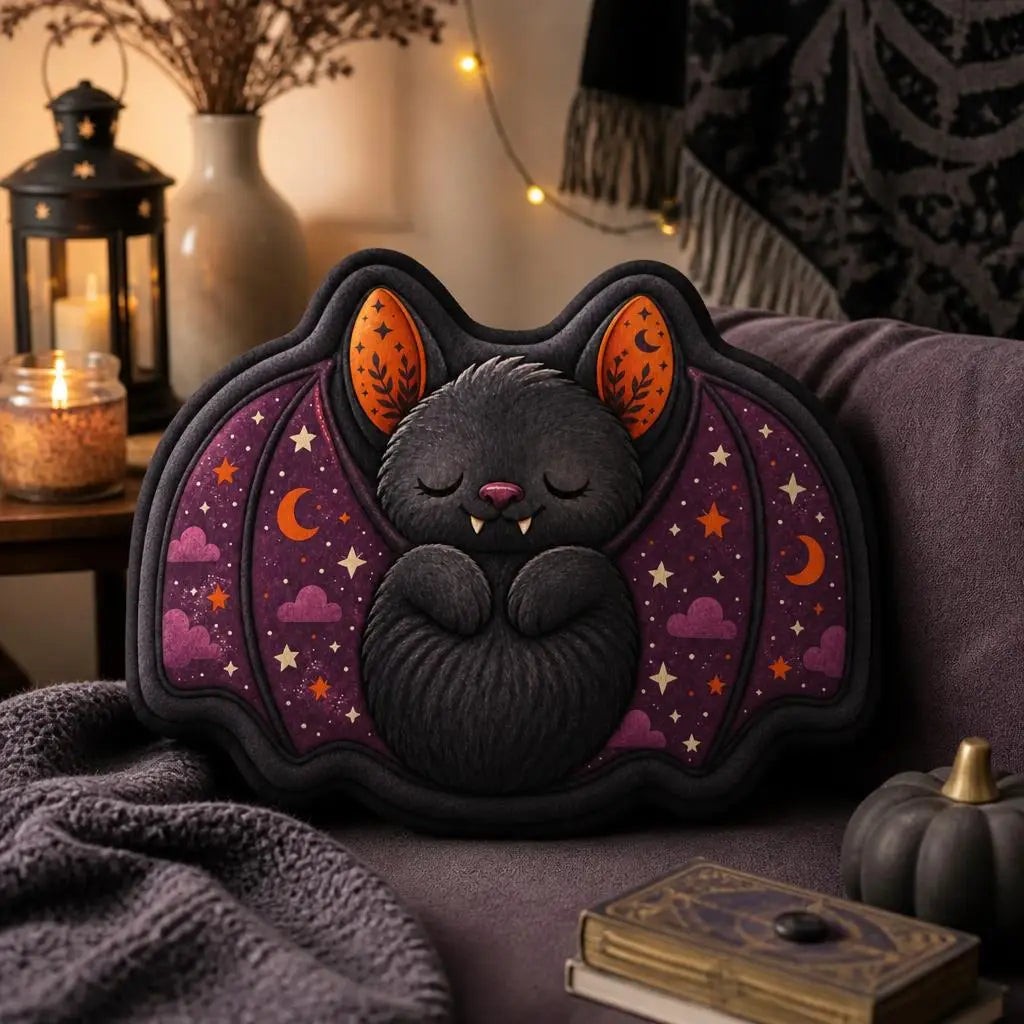 Styled on a sofa: sleeping bat plush pillow with sleeping bat artwork