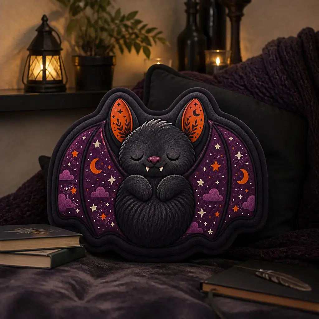Alternate room setting: sleeping bat plush pillow with sleeping bat artwork