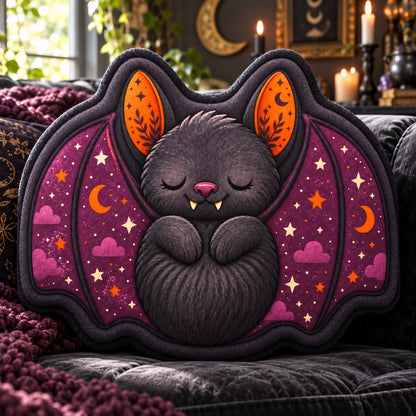 Sleeping Bat Plush Pillow in a sunlit witchy room