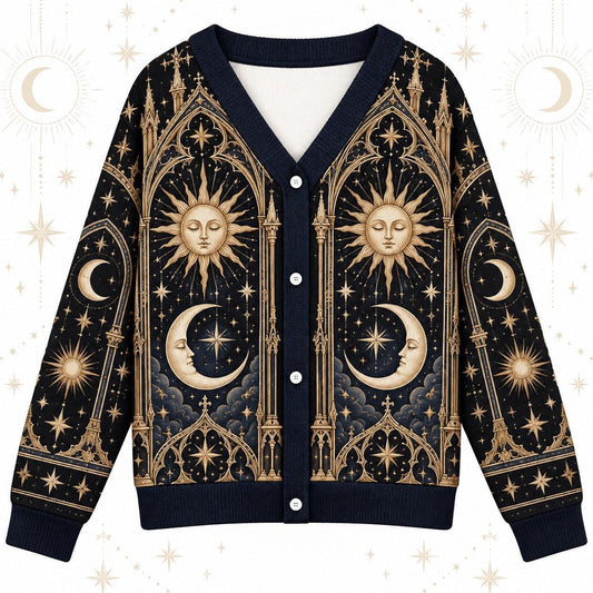 Sleeping Sun and Moon Cathedral Celestial Cardigan for Women Navy Gold, front view