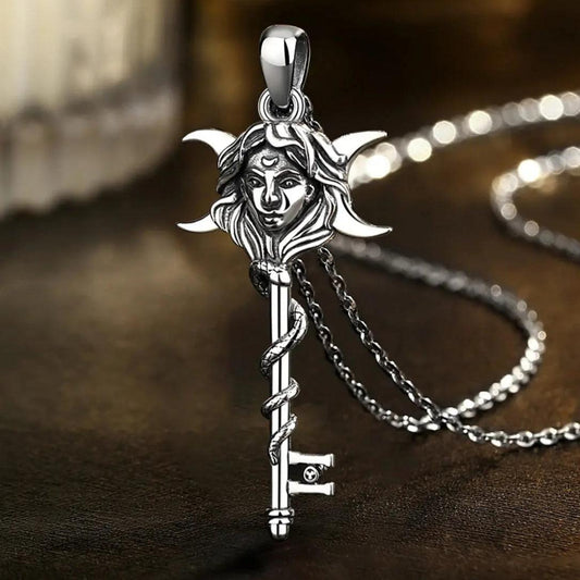Snake Key 925 Sterling Silver Hecate Goddess Necklace - Wicca Triple Moon Goddess Necklace Witch Jewelry-MoonChildWorld