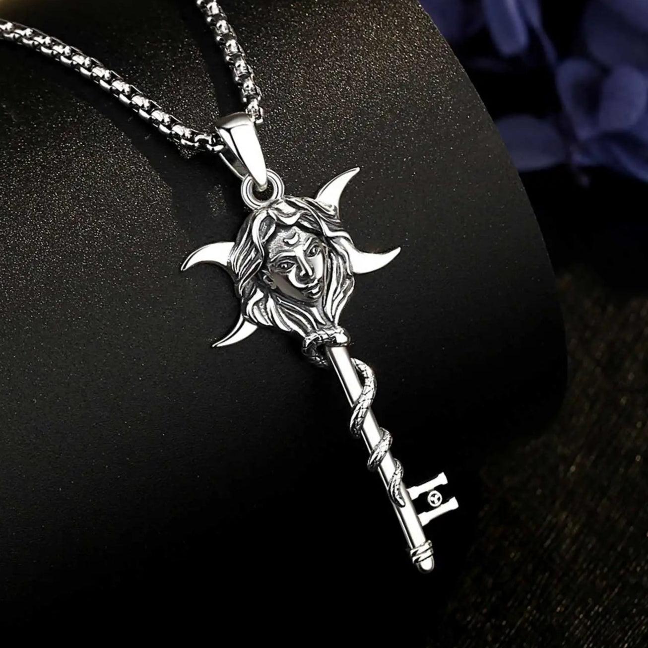 Snake Key 925 Sterling Silver Hecate Goddess Necklace - Wicca Triple Moon Goddess Necklace Witch Jewelry-MoonChildWorld