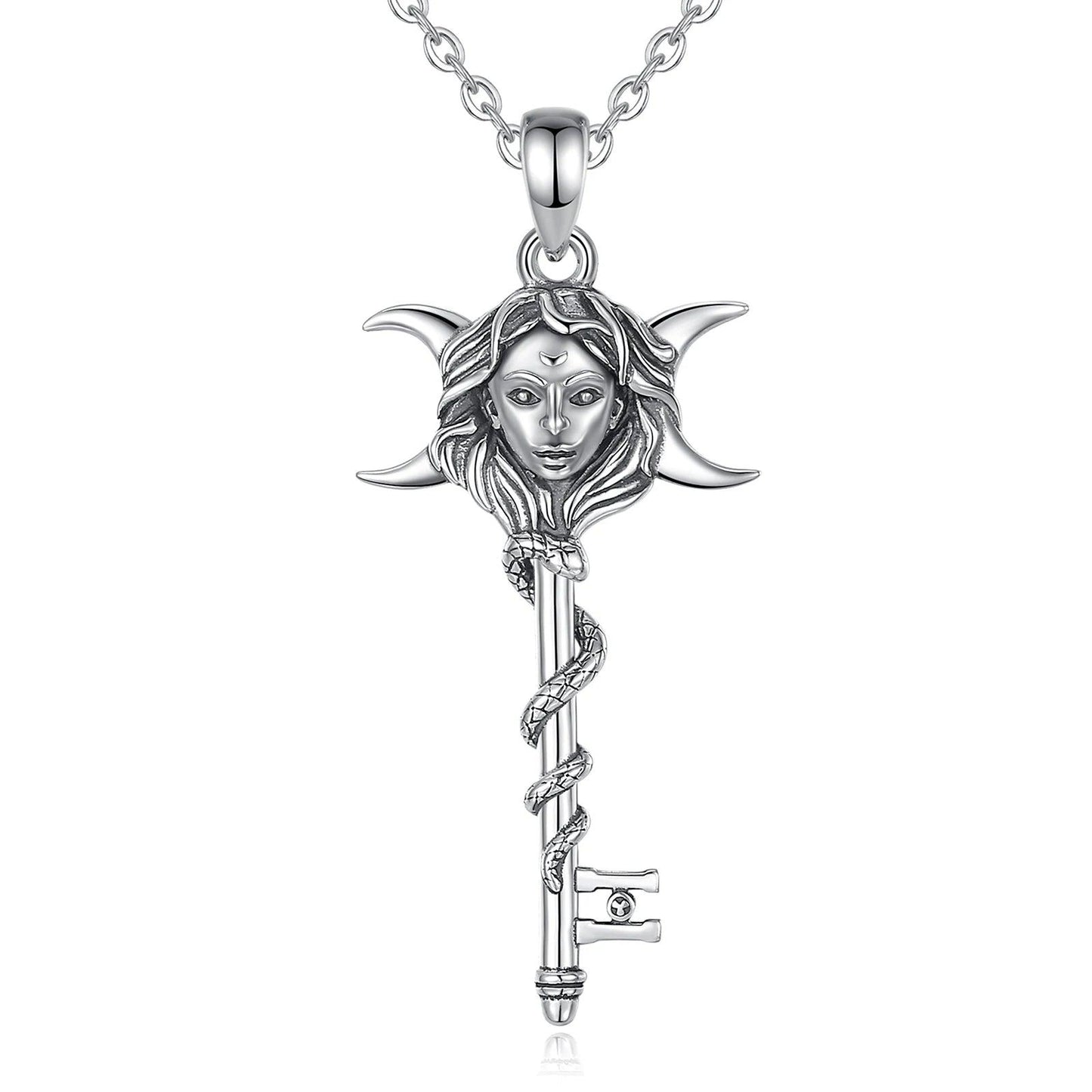 Snake Key 925 Sterling Silver Hecate Goddess Necklace - Wicca Triple Moon Goddess Necklace Witch Jewelry-MoonChildWorld