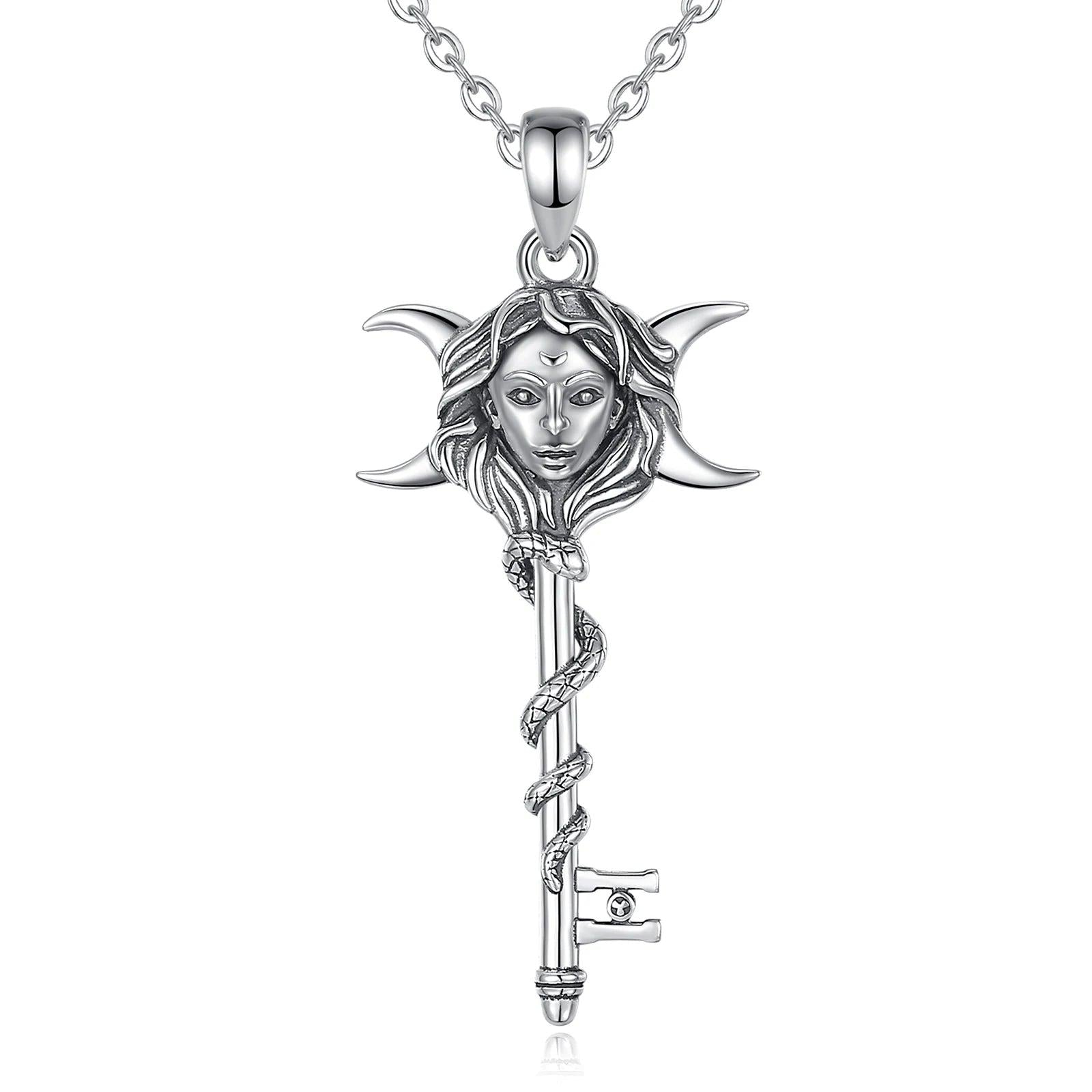 Snake Key 925 Sterling Silver Hecate Goddess Necklace - Wicca Triple Moon Goddess Necklace Witch Jewelry-MoonChildWorld