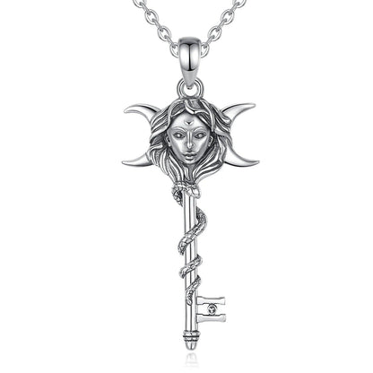Snake Key 925 Sterling Silver Hecate Goddess Necklace - Wicca Triple Moon Goddess Necklace Witch Jewelry-MoonChildWorld