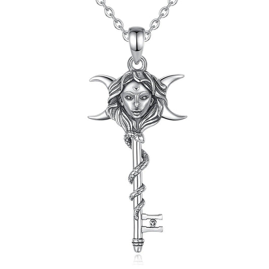Snake Key 925 Sterling Silver Hecate Goddess Necklace - Wicca Triple Moon Goddess Necklace Witch Jewelry-MoonChildWorld