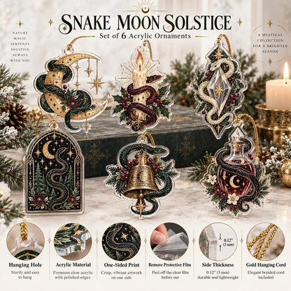 Snake Moon Gothic Acrylic Ornament Set – Witchy Solstice Yule Decor – ornament size and details