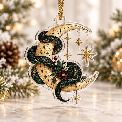 Snake Moon Gothic Acrylic Ornament Set – Witchy Solstice Yule Decor – Crescent Moon Serpent ornament