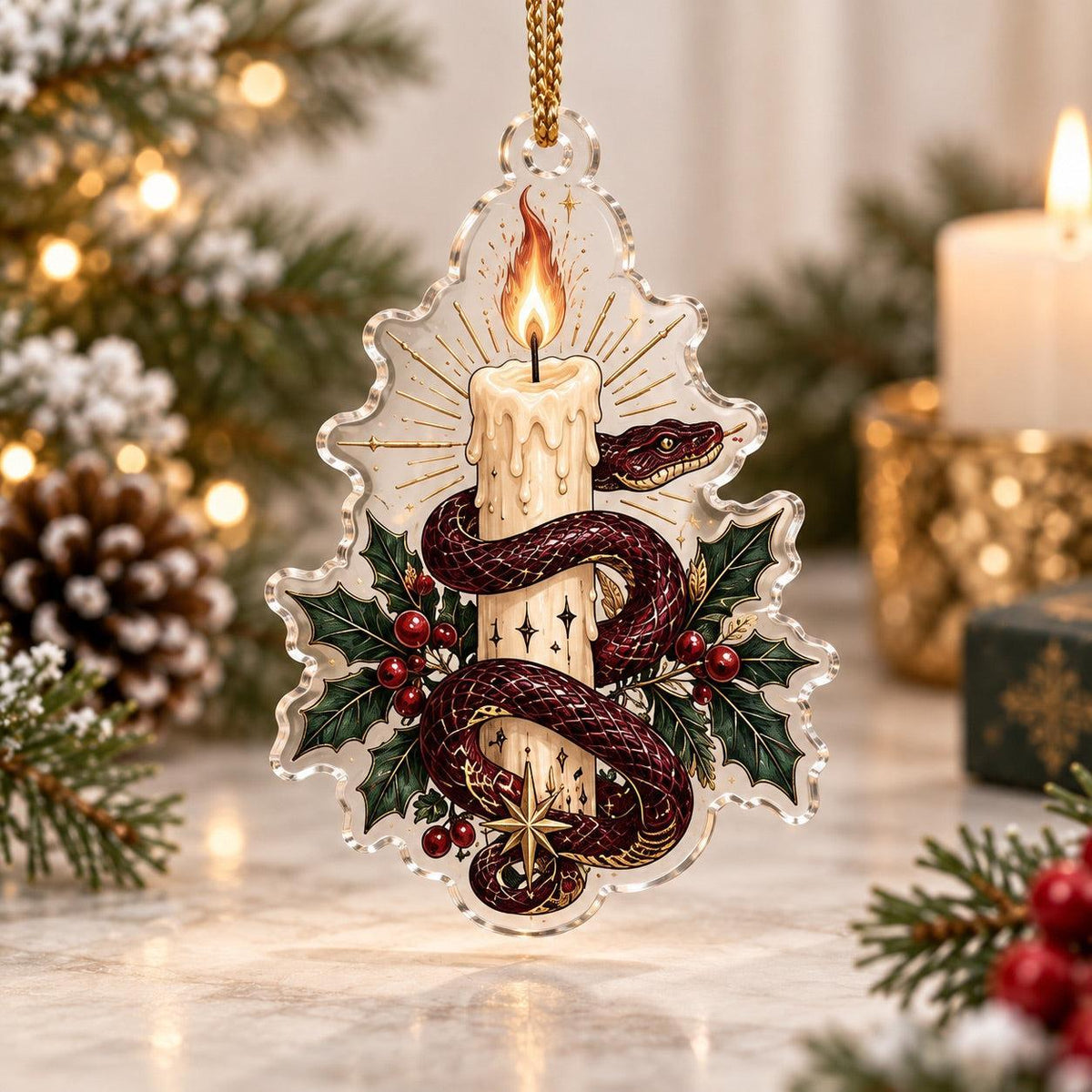 Snake Moon Gothic Acrylic Ornament Set – Witchy Solstice Yule Decor – Candle Serpent ornament