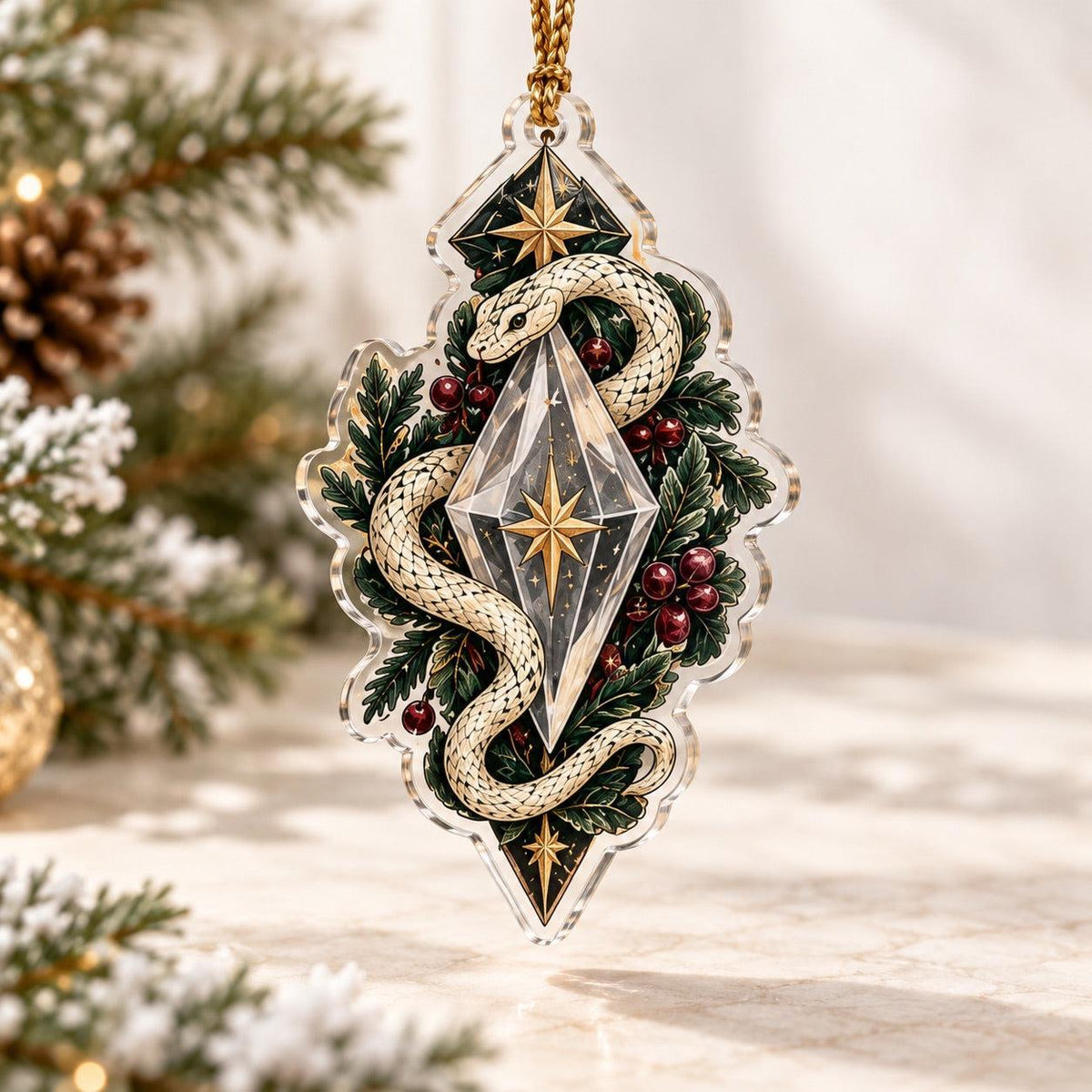 Snake Moon Gothic Acrylic Ornament Set – Witchy Solstice Yule Decor – Crystal Serpent ornament