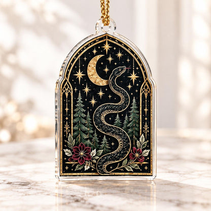 Snake Moon Gothic Acrylic Ornament Set – Witchy Solstice Yule Decor – Forest Arch Serpent ornament