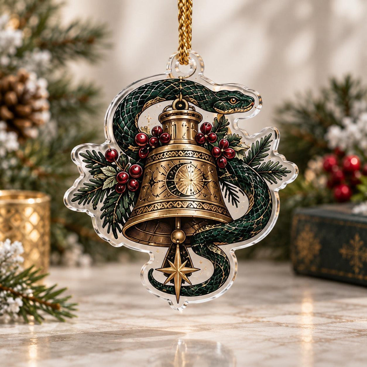 Snake Moon Gothic Acrylic Ornament Set – Witchy Solstice Yule Decor – Bell Serpent ornament