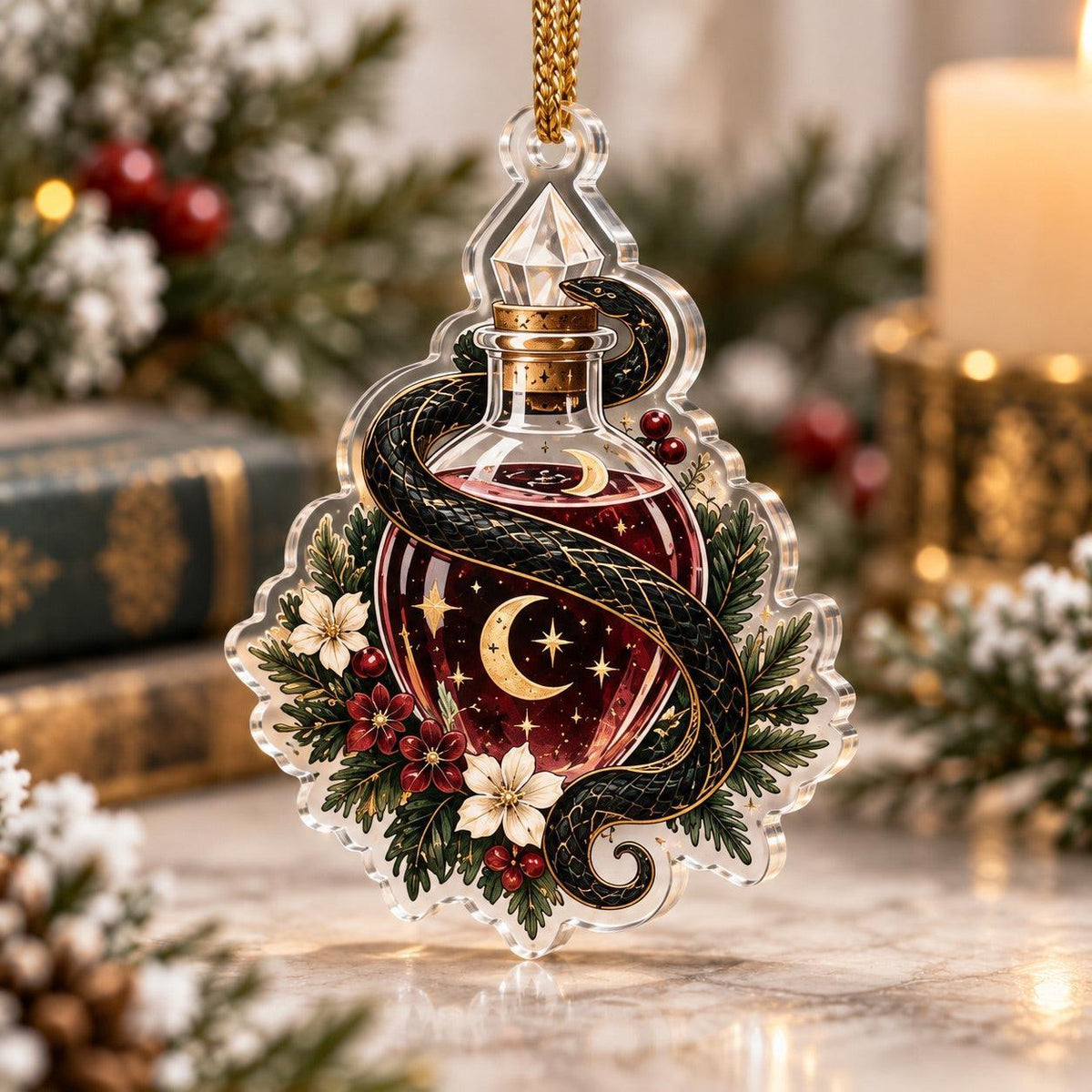 Snake Moon Gothic Acrylic Ornament Set – Witchy Solstice Yule Decor – Potion Serpent ornament