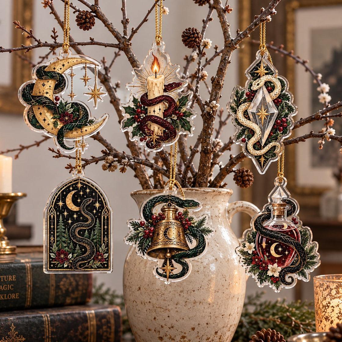 Snake Moon Gothic Acrylic Ornament Set – Witchy Solstice Yule Decor – set of 6, another view