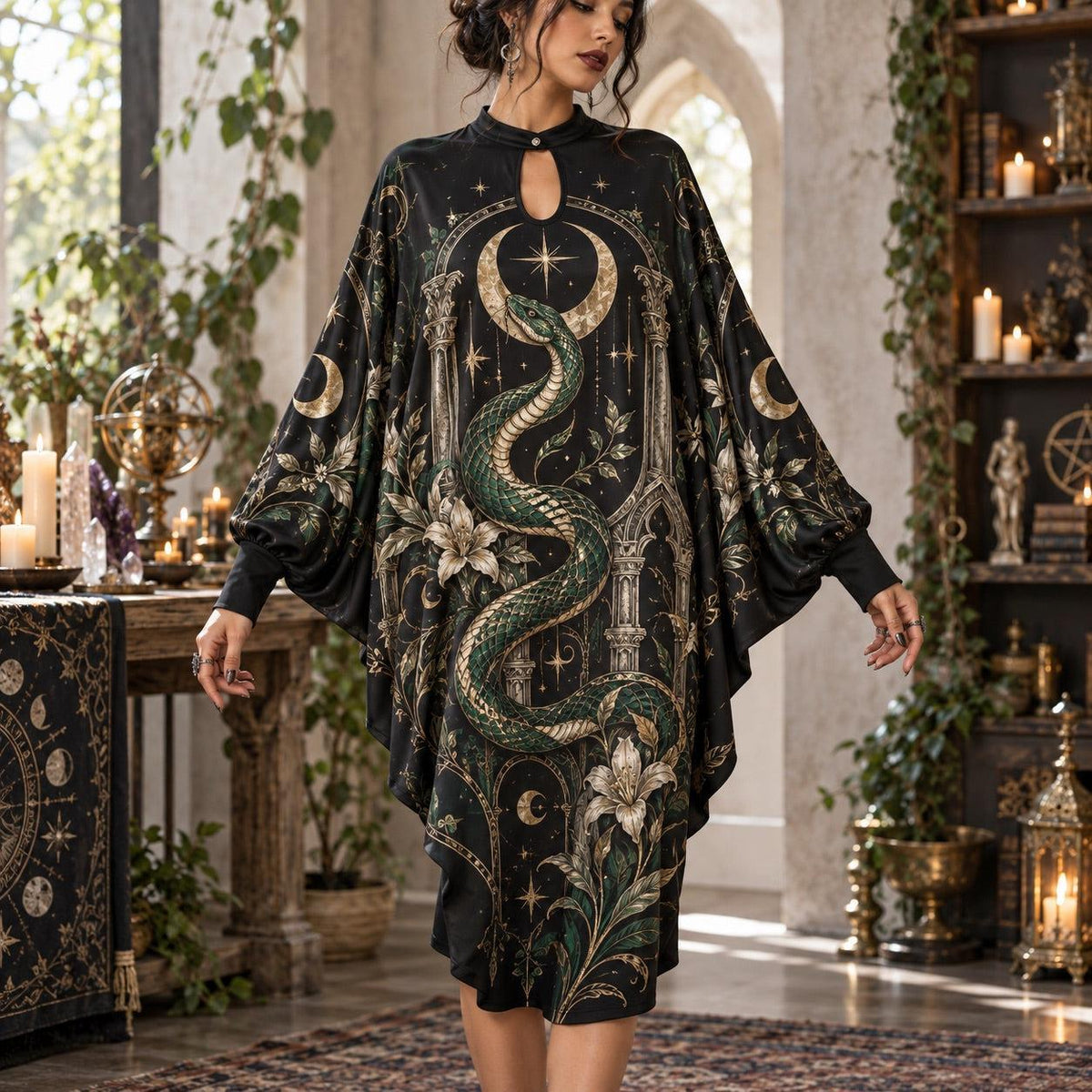 Snake Moon Temple Gothic Batwing Dress – Witchy Celestial Lily Midi – worn, front view