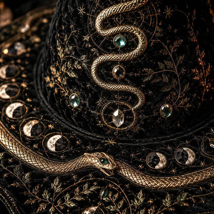 Snake Moon Witch Hat – Serpent Celestial Wiccan Wide Brim Hat – styled with candles and crystals