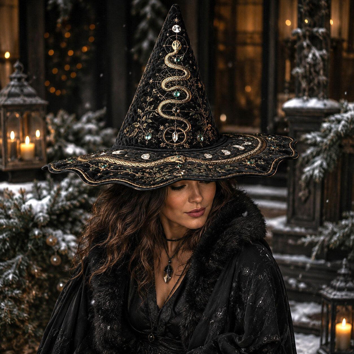 Snake Moon Witch Hat – Serpent Celestial Wiccan Wide Brim Hat – worn, front view