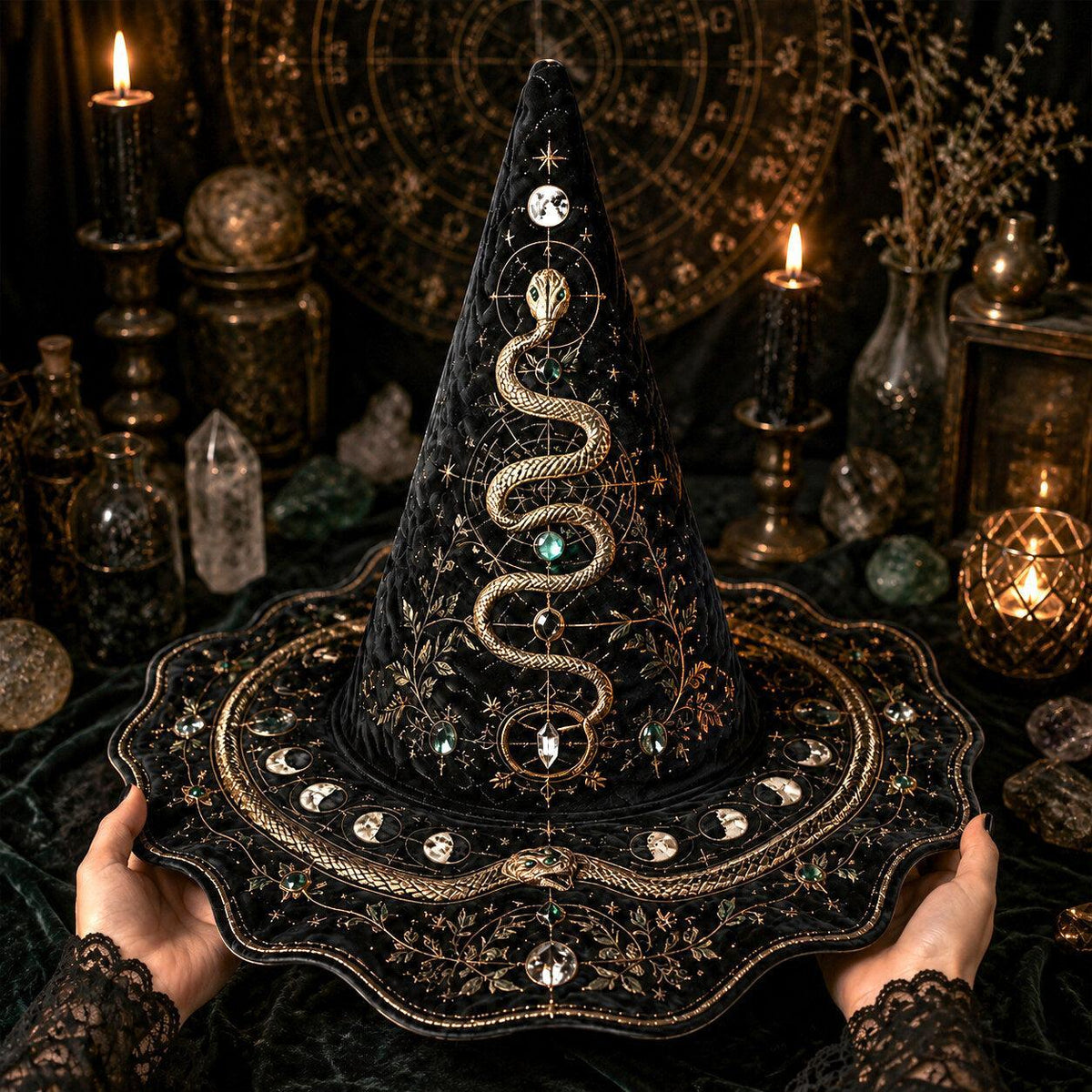 Snake Moon Witch Hat – Serpent Celestial Wiccan Wide Brim Hat – quilting and print detail