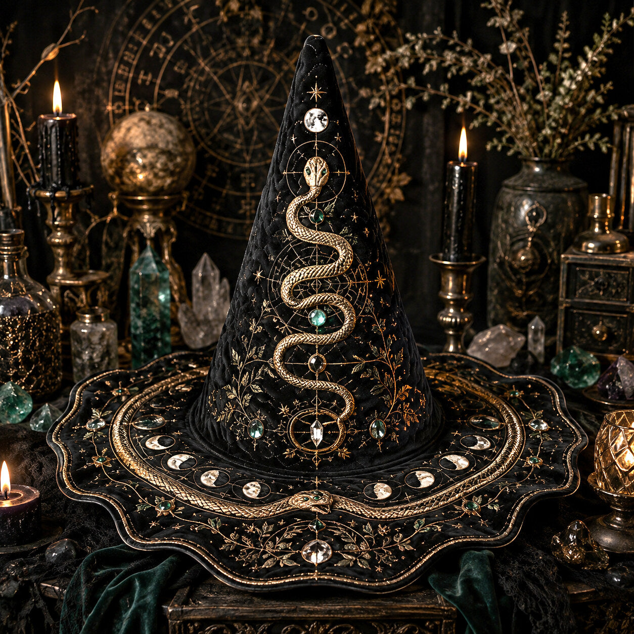 Snake Moon Witch Hat – Serpent Celestial Wiccan Wide Brim Hat – on an altar table