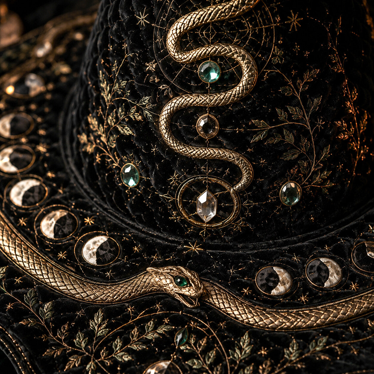 Snake Moon Witch Hat – Serpent Celestial Wiccan Wide Brim Hat – styled with candles and crystals