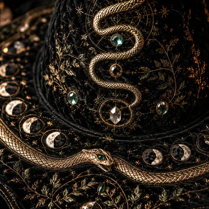 Snake Moon Witch Hat – Serpent Celestial Wiccan Wide Brim Hat – styled with candles and crystals