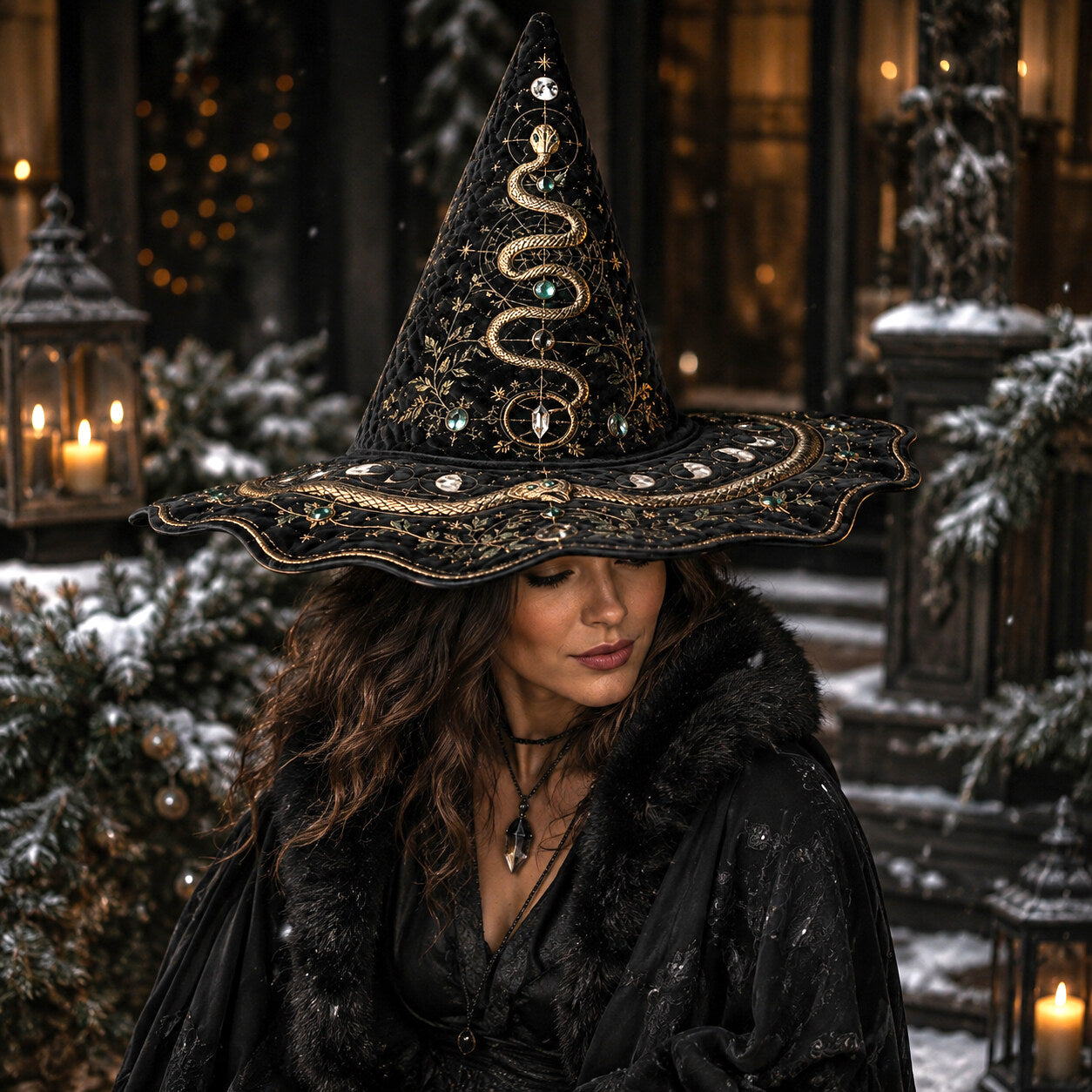 Snake Moon Witch Hat – Serpent Celestial Wiccan Wide Brim Hat – worn, front view