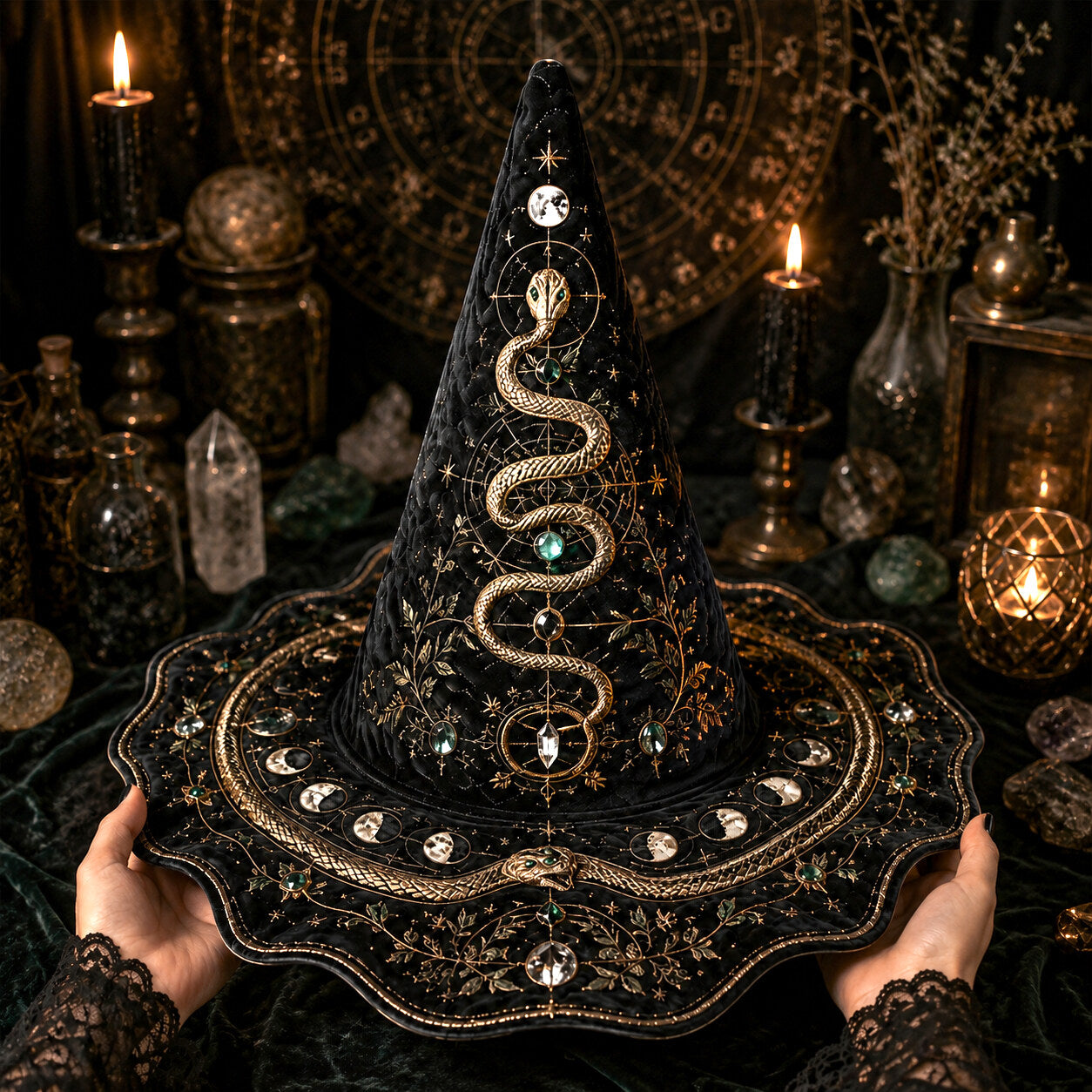 Snake Moon Witch Hat – Serpent Celestial Wiccan Wide Brim Hat – quilting and print detail