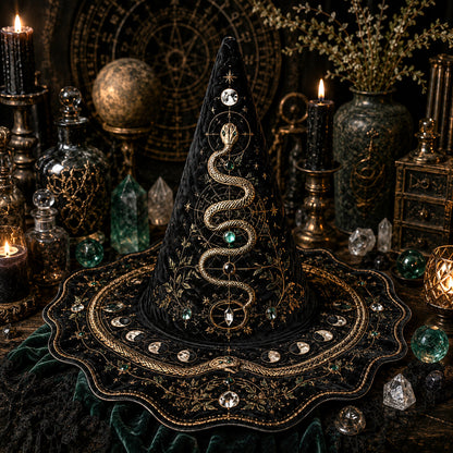 Snake Moon Witch Hat – Serpent Celestial Wiccan Wide Brim Hat – held in both hands