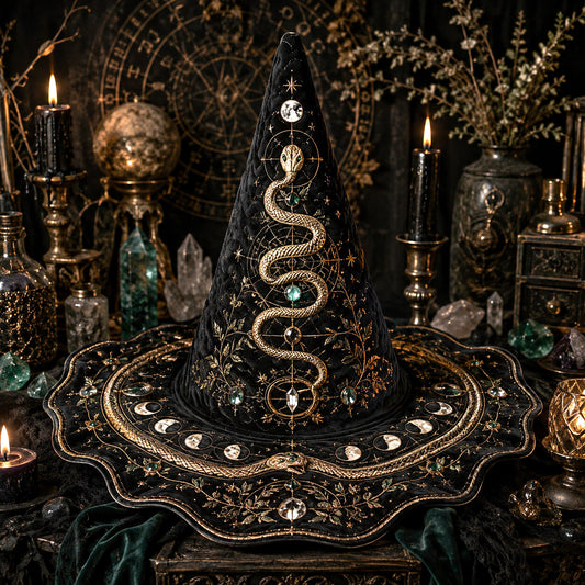 Snake Moon Witch Hat – Serpent Celestial Wiccan Wide Brim Hat – on an altar table