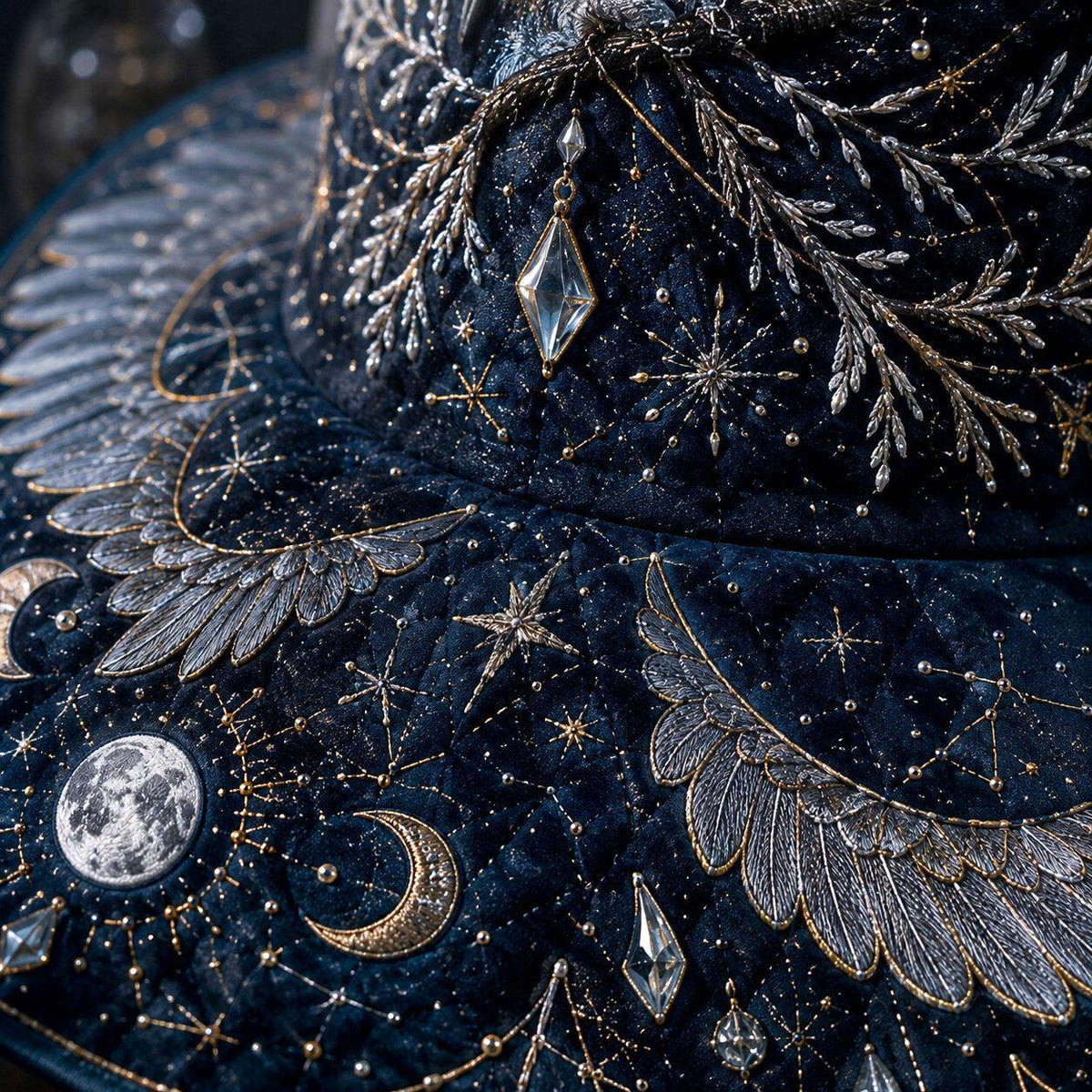 Snow Owl Witch Hat – Winter Celestial Ice Crystal Brim Hat – styled with candles and crystals
