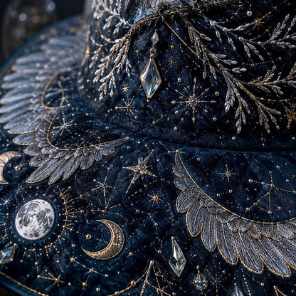 Snow Owl Witch Hat – Winter Celestial Ice Crystal Brim Hat – styled with candles and crystals