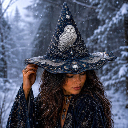 Snow Owl Witch Hat – Winter Celestial Ice Crystal Brim Hat – held in both hands