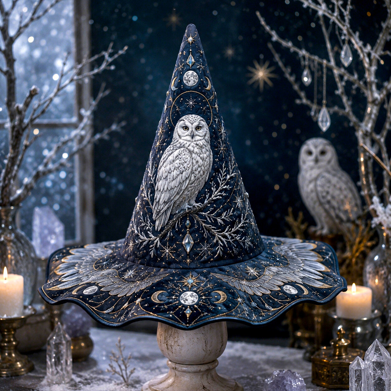Snow Owl Witch Hat – Winter Celestial Ice Crystal Brim Hat – on an altar table