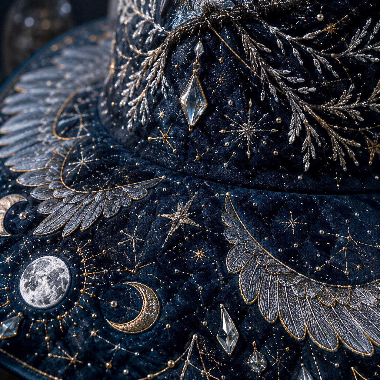 Snow Owl Witch Hat – Winter Celestial Ice Crystal Brim Hat – styled with candles and crystals