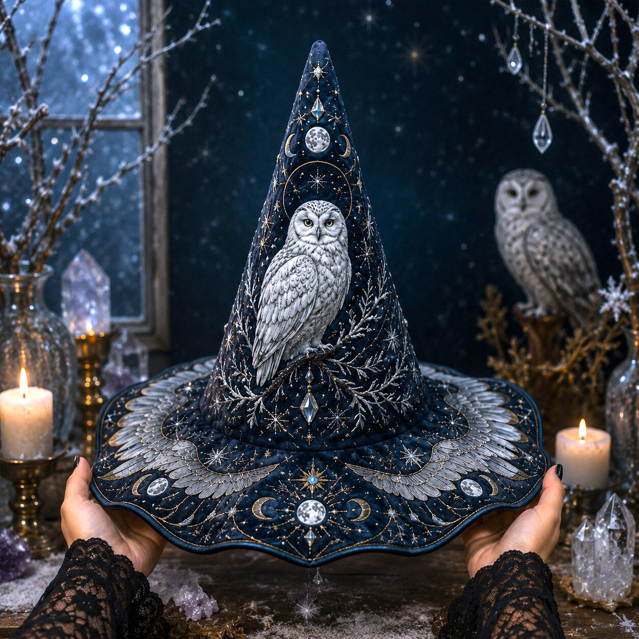 Snow Owl Witch Hat – Winter Celestial Ice Crystal Brim Hat – worn, front view