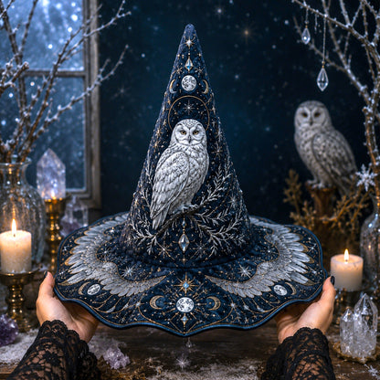 Snow Owl Witch Hat – Winter Celestial Ice Crystal Brim Hat – worn, front view