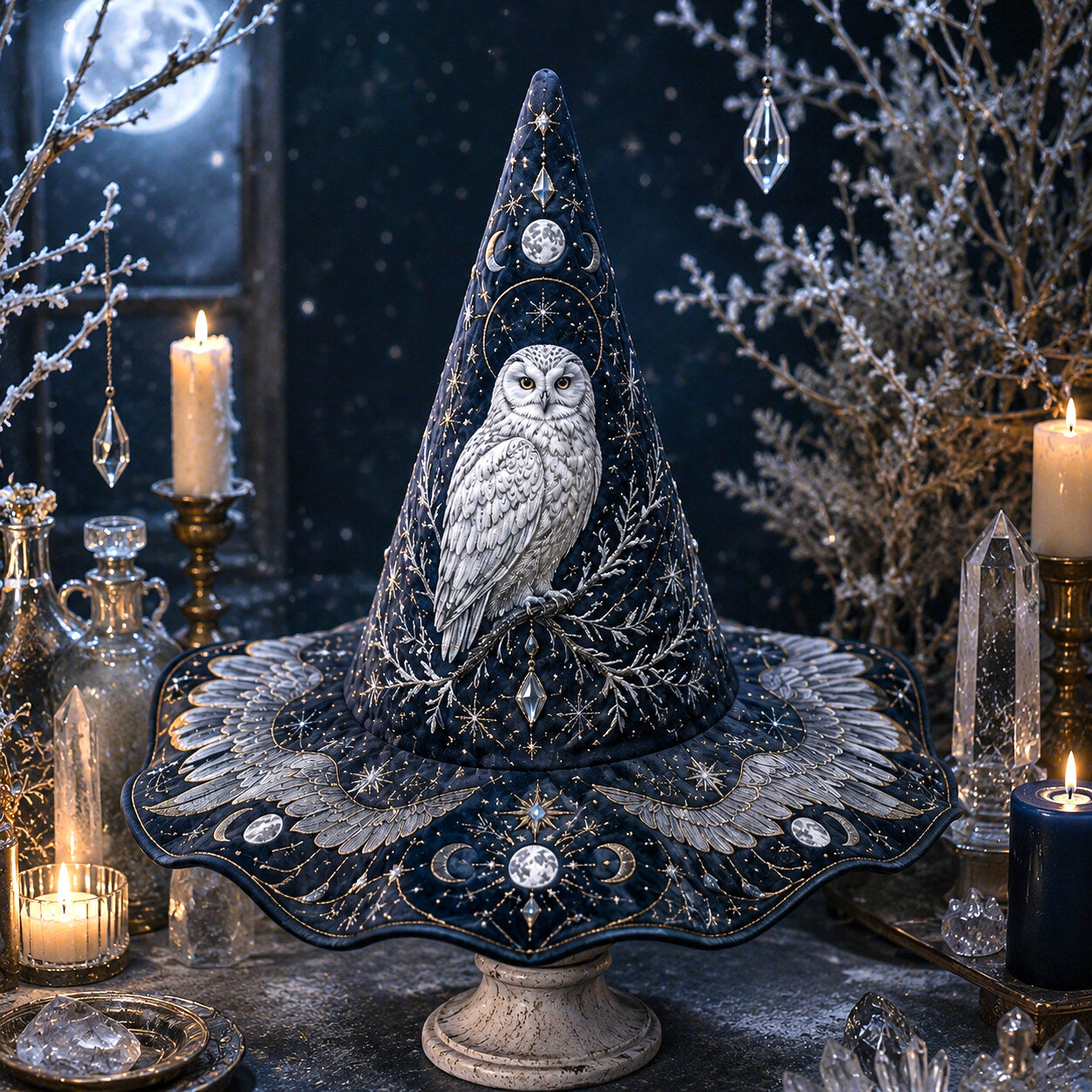 Snow Owl Witch Hat – Winter Celestial Ice Crystal Brim Hat – quilting and print detail
