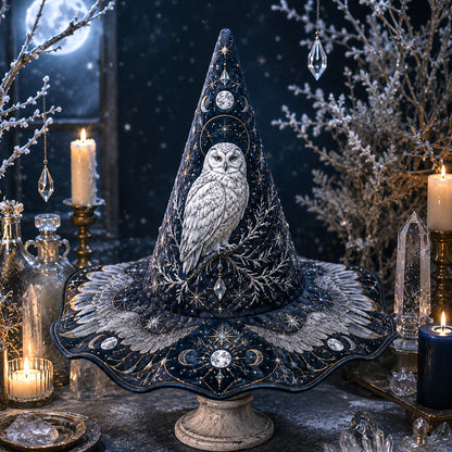 Snow Owl Witch Hat – Winter Celestial Ice Crystal Brim Hat – quilting and print detail