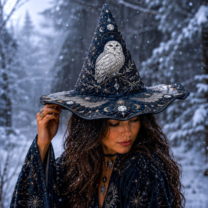 Snow Owl Witch Hat – Winter Celestial Ice Crystal Brim Hat – held in both hands
