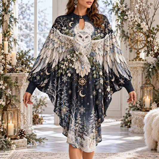 Snow Owl Yule Moon Pagan Batwing Dress – Winter Solstice Witchy Midi – worn, front view