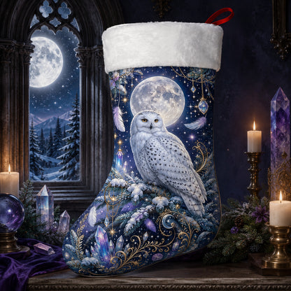 Snowy Owl Christmas Stocking Amethyst Crystal Witchy Winter Decor