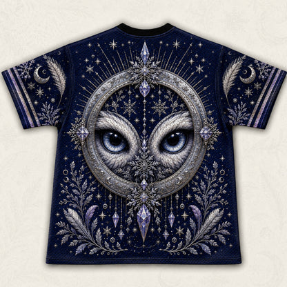 Snowy Owl Crescent Moon T-Shirt Ice Crystal Winter Blue Tee back view