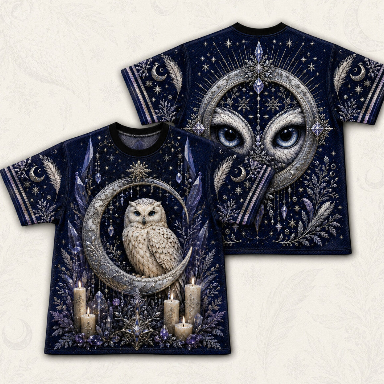 Snowy Owl Crescent Moon T-Shirt Ice Crystal Winter Blue Tee front and back together