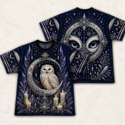 Snowy Owl Crescent Moon T-Shirt Ice Crystal Winter Blue Tee front and back together