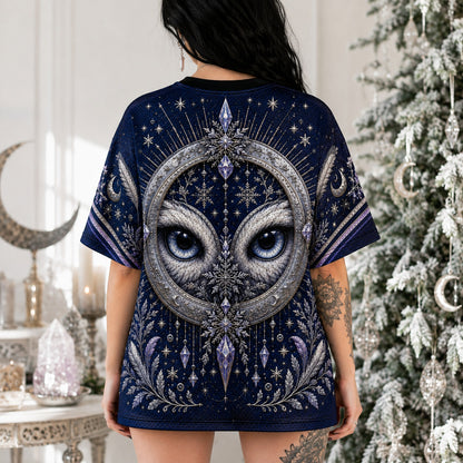 Snowy Owl Crescent Moon T-Shirt Ice Crystal Winter Blue Tee worn, back view