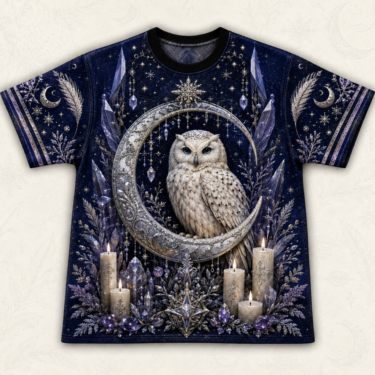 Snowy Owl Crescent Moon T-Shirt Ice Crystal Winter Blue Tee front view