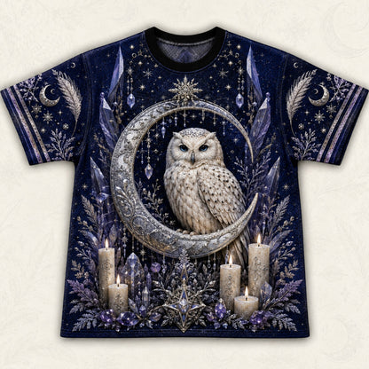 Snowy Owl Crescent Moon T-Shirt Ice Crystal Winter Blue Tee front view