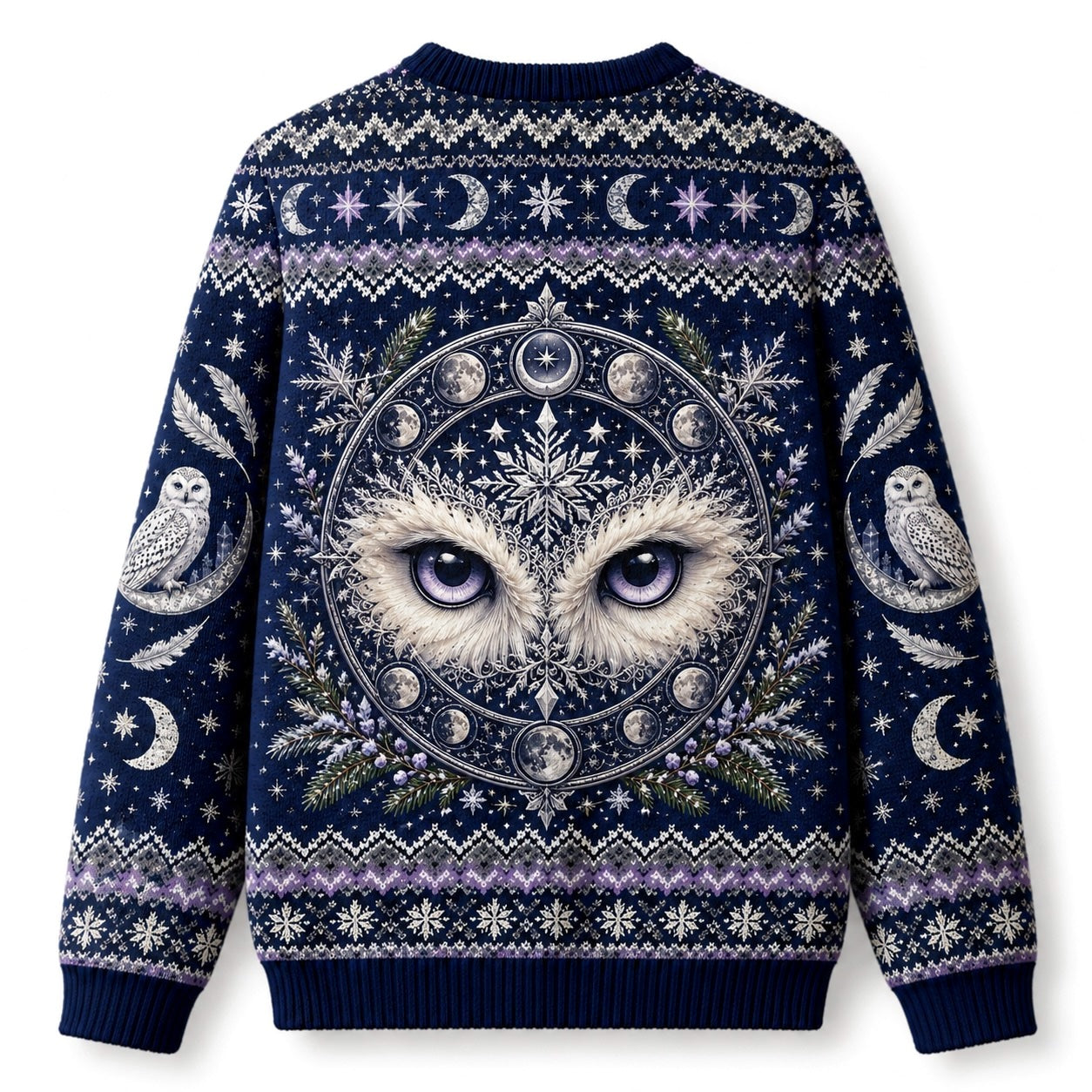 Snowy Owl Sweater Ice Crystal Crescent Moon Winter Knit back view